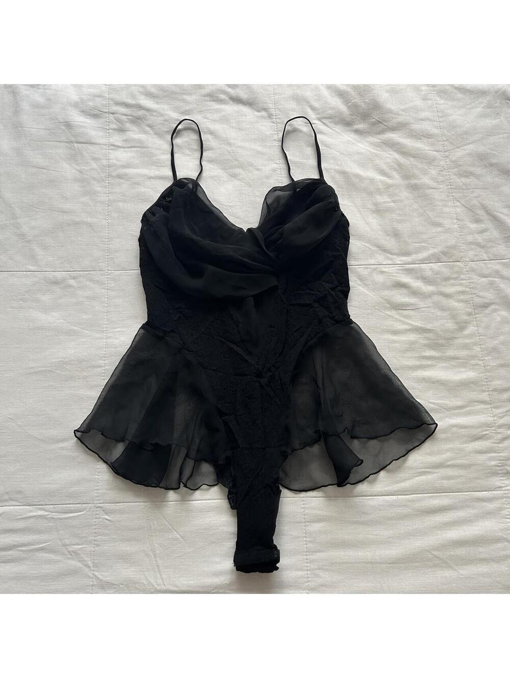 Victoria’s Secret Black Lace Chiffon Teddy Bodysuit Cowl Neck Medium